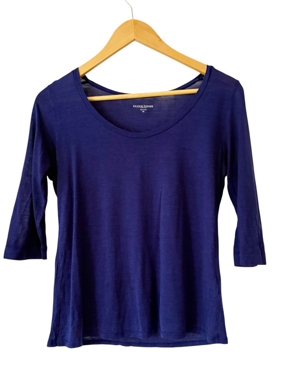 Eileen Fisher Blue Silk Knit Top Petite Small PS 3/4 Sleeves Classic Minimalist